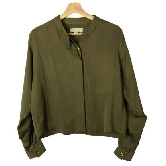 Michael Michael Kors Silk Olive Green Button Down Long Sleeve Blouse S - Picture 1 of 4
